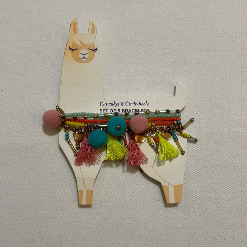 Set of 5 Multicolor Pom Pom Tassel Bead Bracelets